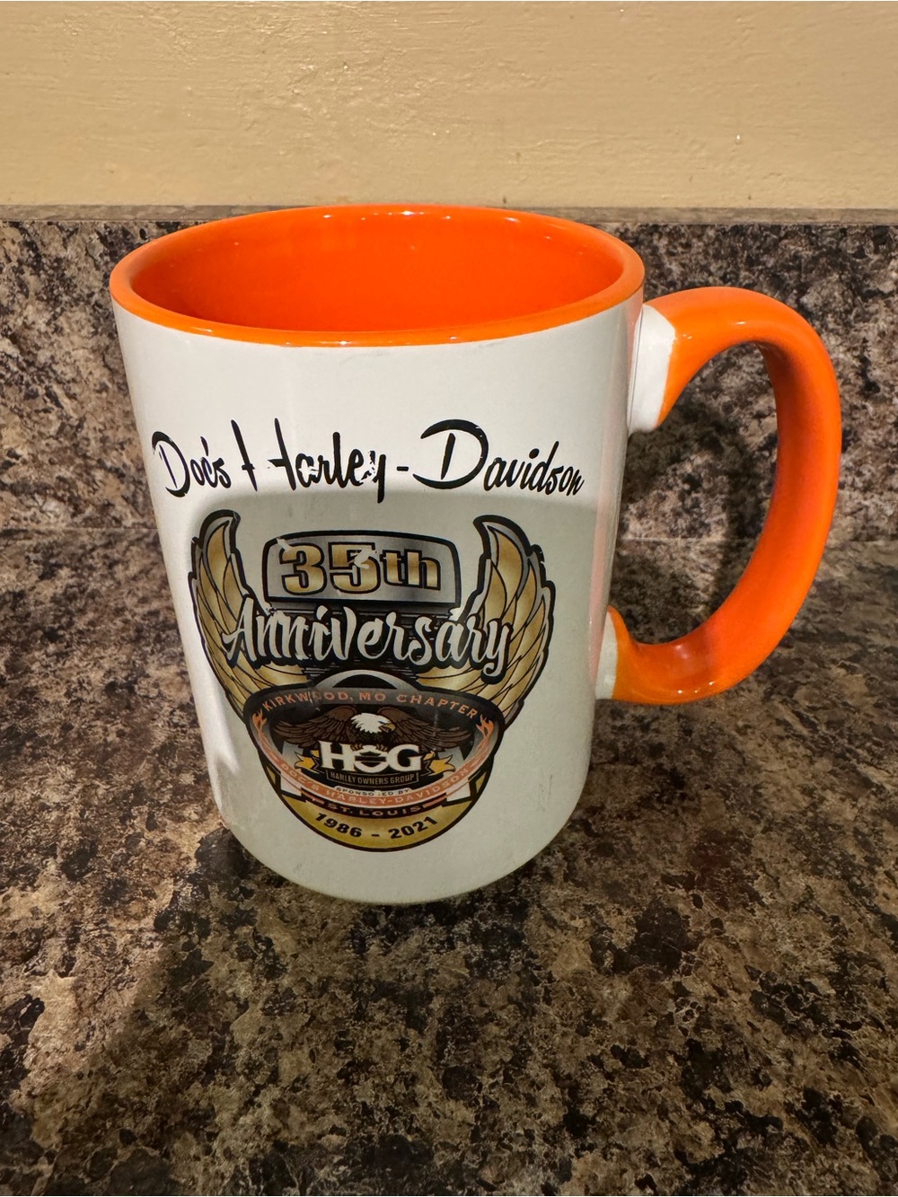 Docs Harley-Davidson 35th Anniversary White and Orange Ceramic Mug